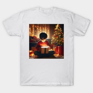 Young child opening a wondrous glowing gift on Christmas morning generative ai T-Shirt